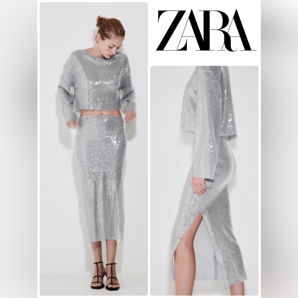 Zara * Set Sequin Skirt & Top Silver Size S
